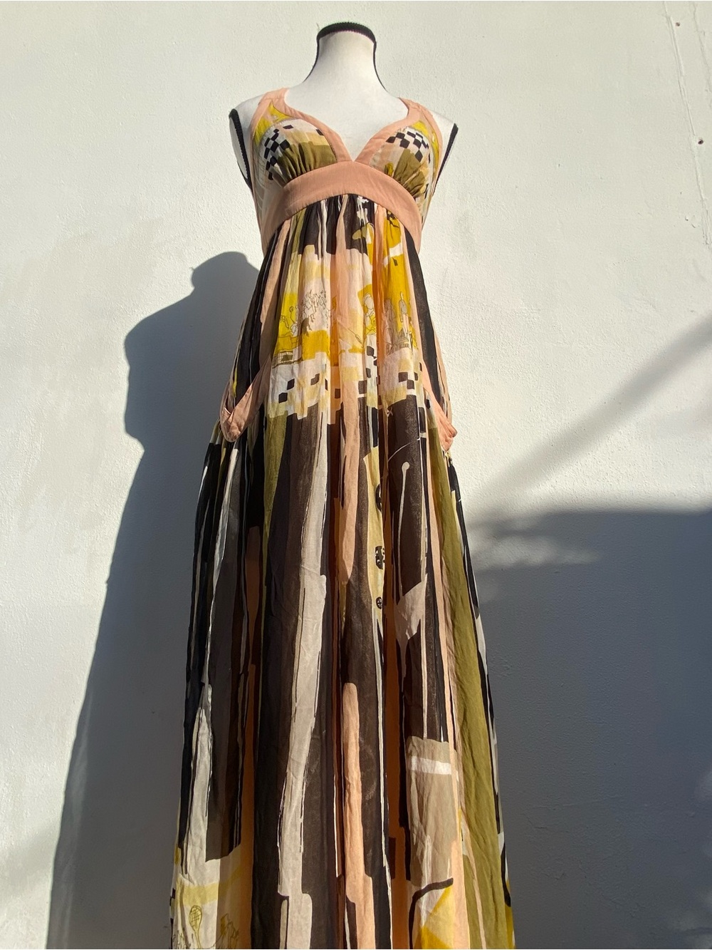 French Connection Peach & Olive Multicolor Geometric Racket Player Maxi Dress 2